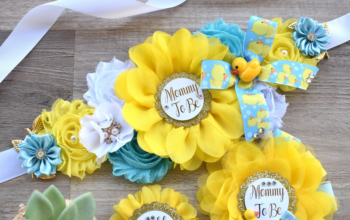 Boy Rubber Duck Baby Shower, Ducky Maternity Sash, Mommy To Be Ribbon, Daddy To Be Corsage Pin, Yellow Blue White Duck Baby Shower Sash