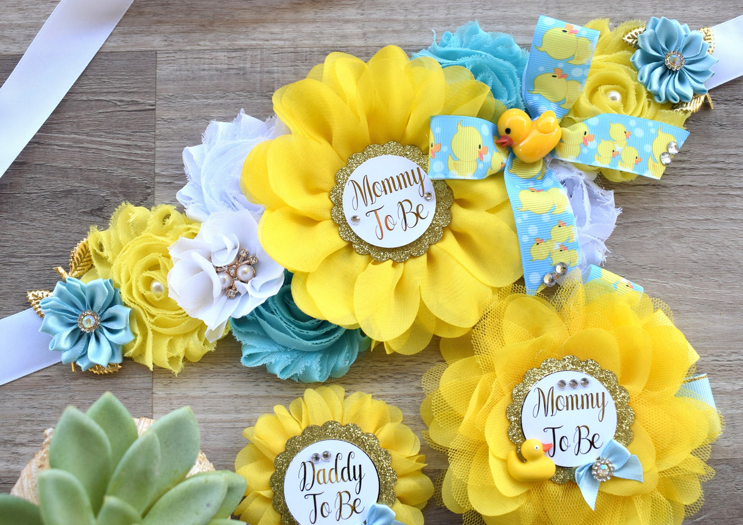 Boy Rubber Duck Baby Shower, Ducky Maternity Sash, Mommy To Be Ribbon, Daddy To Be Corsage Pin, Yellow Blue White Duck Baby Shower Sash