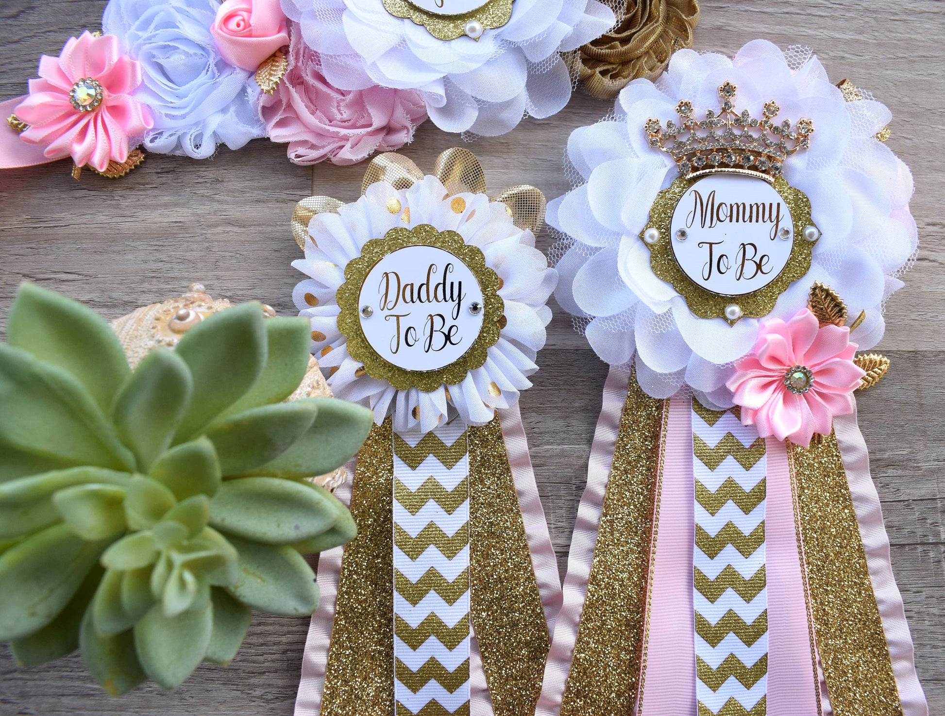 Pink Gold Princess Flower Sash, Pink Gold Maternity Sash, Pink Gold White Mommy To Be Pin, Daddy To Be Pin, Princess Baby Shower, Custom - Celebrations By Cris