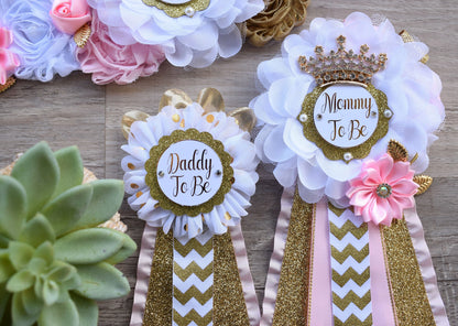 Pink Gold Princess Flower Sash, Pink Gold Maternity Sash, Pink Gold White Mommy To Be Pin, Daddy To Be Pin, Princess Baby Shower, Custom - Celebrations By Cris