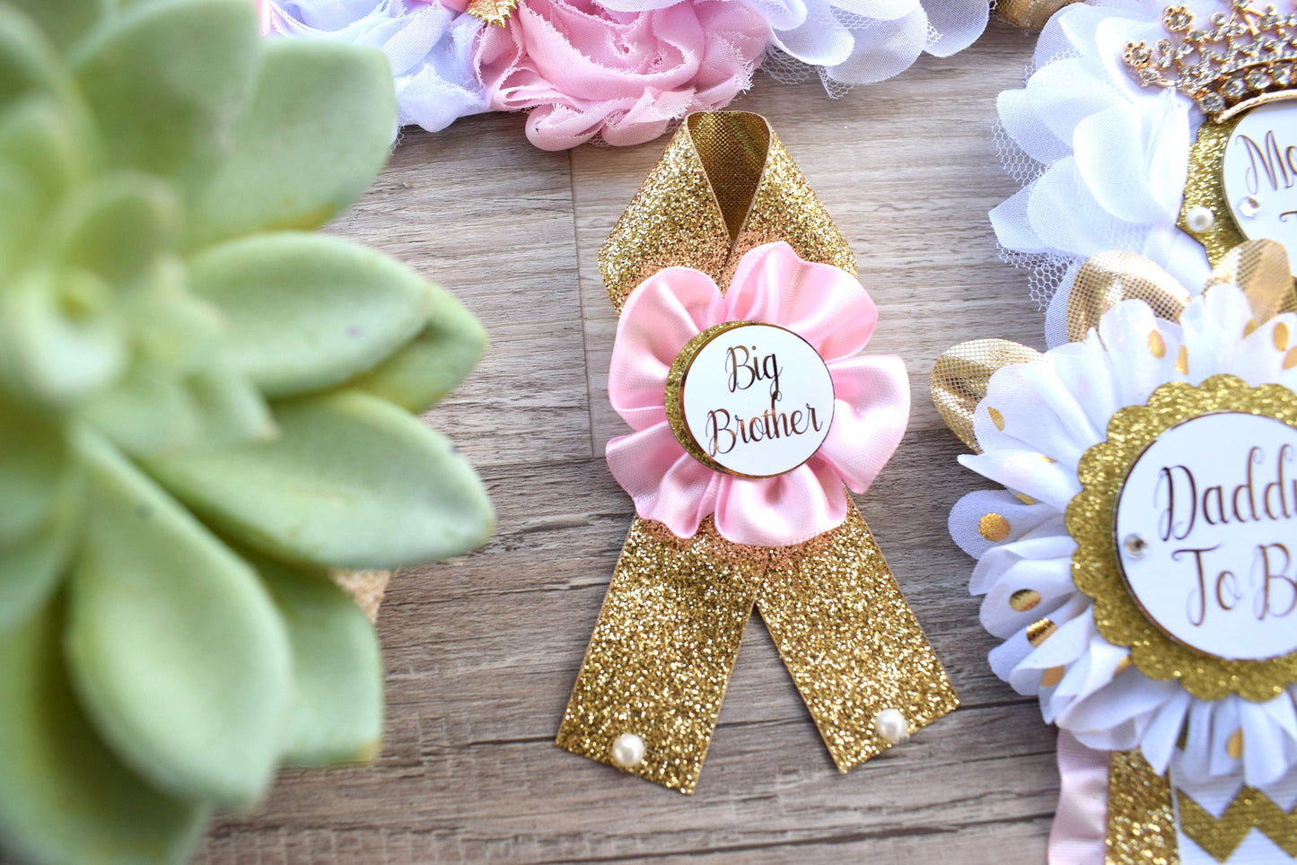 Pink Gold Princess Flower Sash, Pink Gold Maternity Sash, Pink Gold White Mommy To Be Pin, Daddy To Be Pin, Princess Baby Shower, Custom - Celebrations By Cris