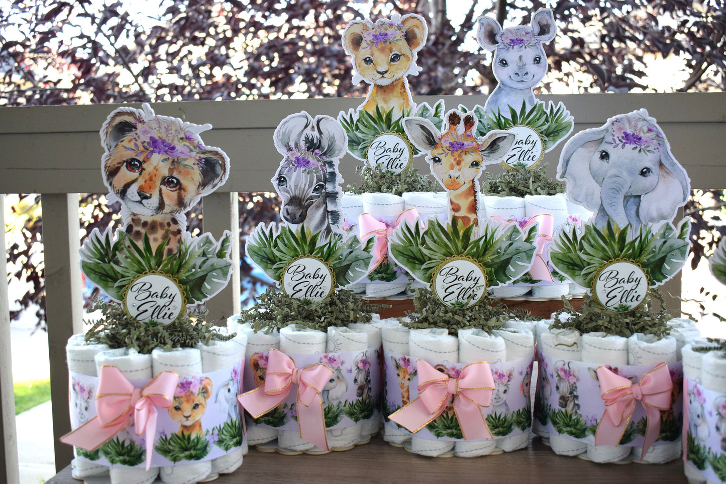 Girl Jungle Safari Mini Diaper Cake Set Baby Shower, Pink And Lavender Baby Shower Centerpieces Decorations, Girls New Mom Gifts - S0002