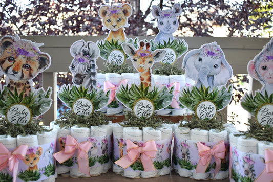 Girl Jungle Safari Mini Diaper Cake Set Baby Shower, Pink And Lavender Baby Shower Centerpieces Decorations, Girls New Mom Gifts - S0002