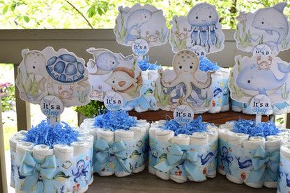 Under The Sea Mini Diaper Cake Set Baby Shower, Octopus Baby Shower Centerpieces Decorations, Boy Room Nursery Decor, New Mom Gifts - S00015