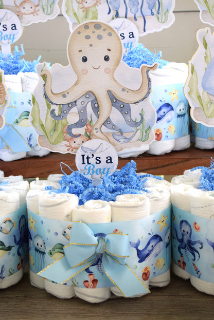 Under The Sea Mini Diaper Cake Set Baby Shower, Octopus Baby Shower Centerpieces Decorations, Boy Room Nursery Decor, New Mom Gifts - S00015