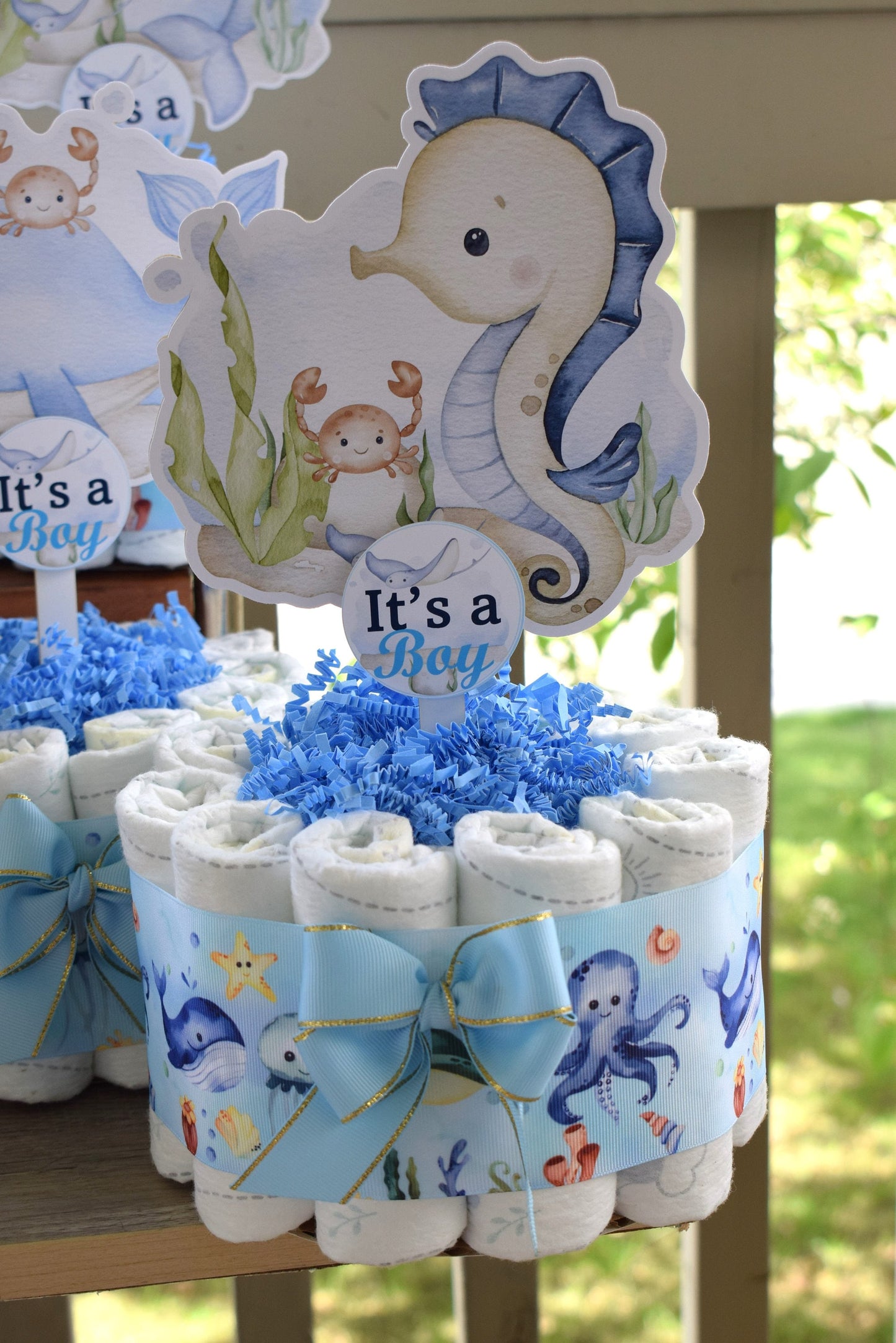 Under The Sea Mini Diaper Cake Set Baby Shower, Octopus Baby Shower Centerpieces Decorations, Boy Room Nursery Decor, New Mom Gifts - S00015