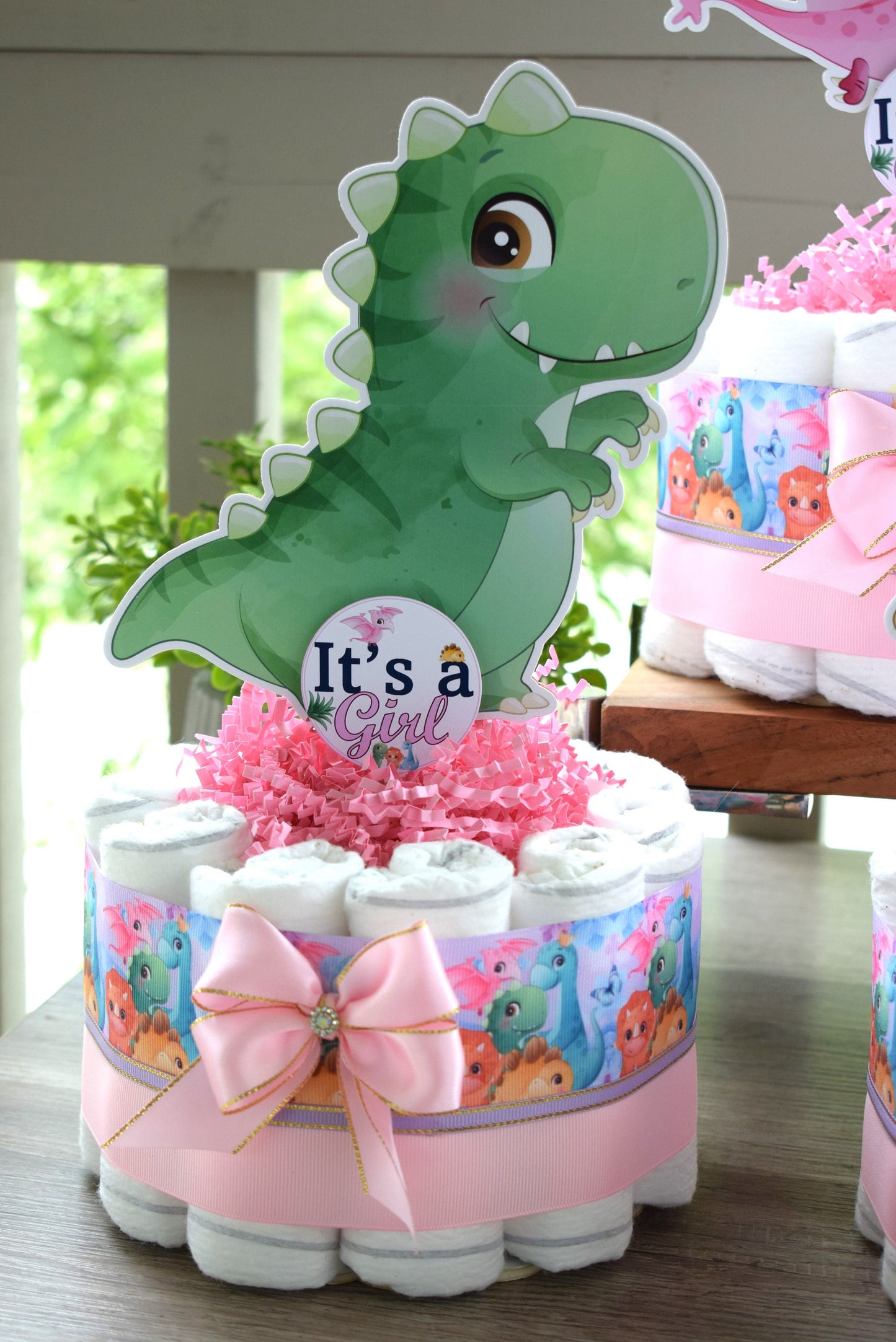 Girl Dinosaur Mini Diaper Cake Baby Shower, Pink Dino Diaper Cake Centerpieces Decor, Dinosaur Party, Room Nursery Decor, New Mom Gift - S14