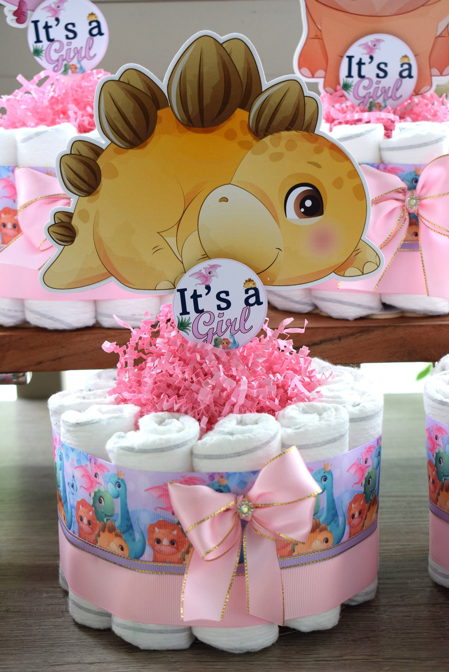 Girl Dinosaur Mini Diaper Cake Baby Shower, Pink Dino Diaper Cake Centerpieces Decor, Dinosaur Party, Room Nursery Decor, New Mom Gift - S14