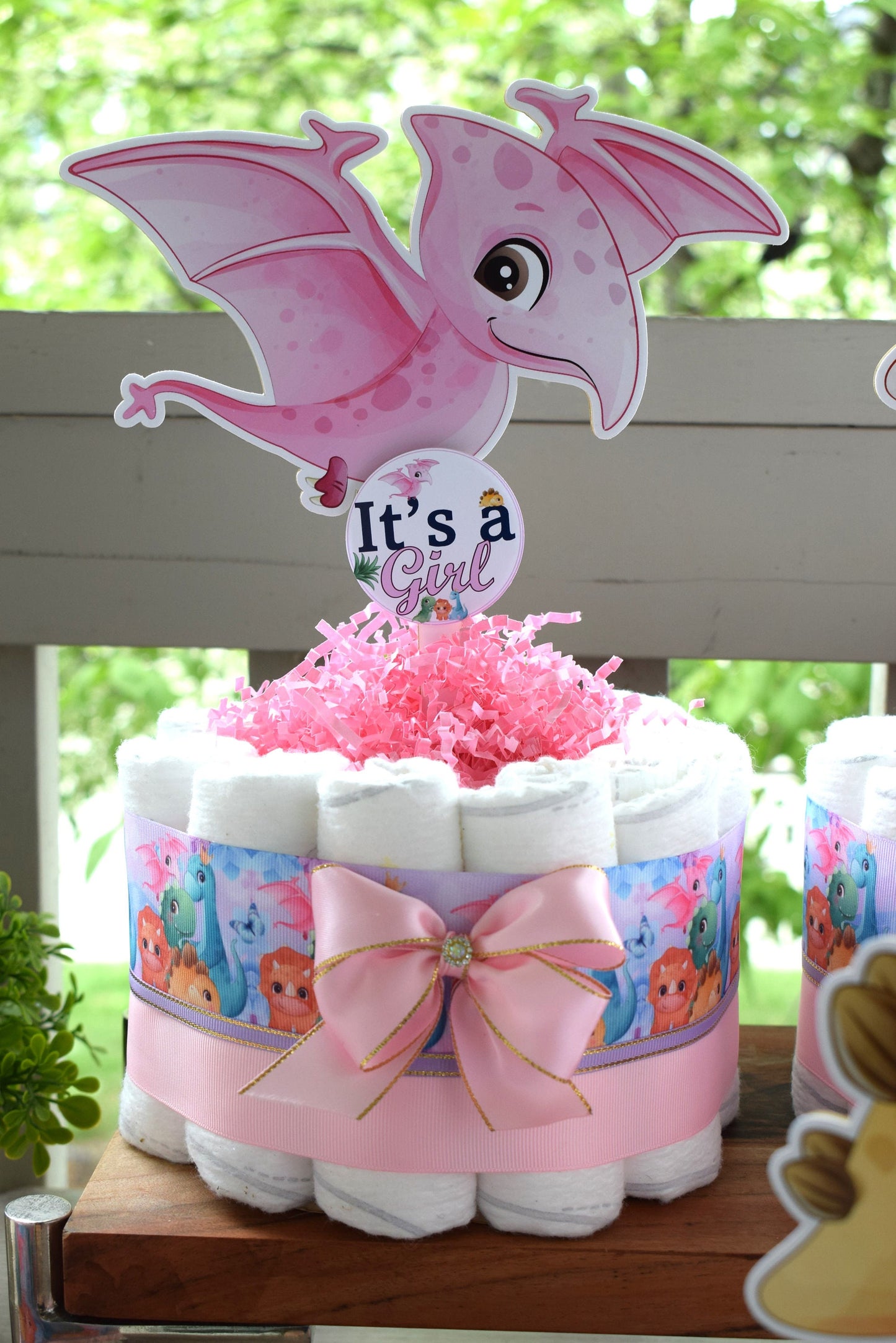 Girl Dinosaur Mini Diaper Cake Baby Shower, Pink Dino Diaper Cake Centerpieces Decor, Dinosaur Party, Room Nursery Decor, New Mom Gift - S14