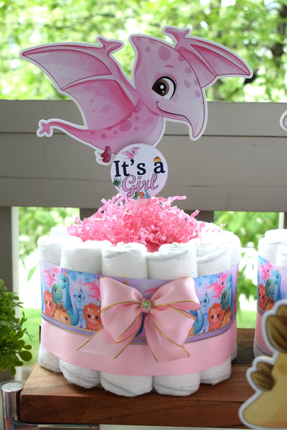 Girl Dinosaur Mini Diaper Cake Baby Shower, Pink Dino Diaper Cake Centerpieces Decor, Dinosaur Party, Room Nursery Decor, New Mom Gift - S14