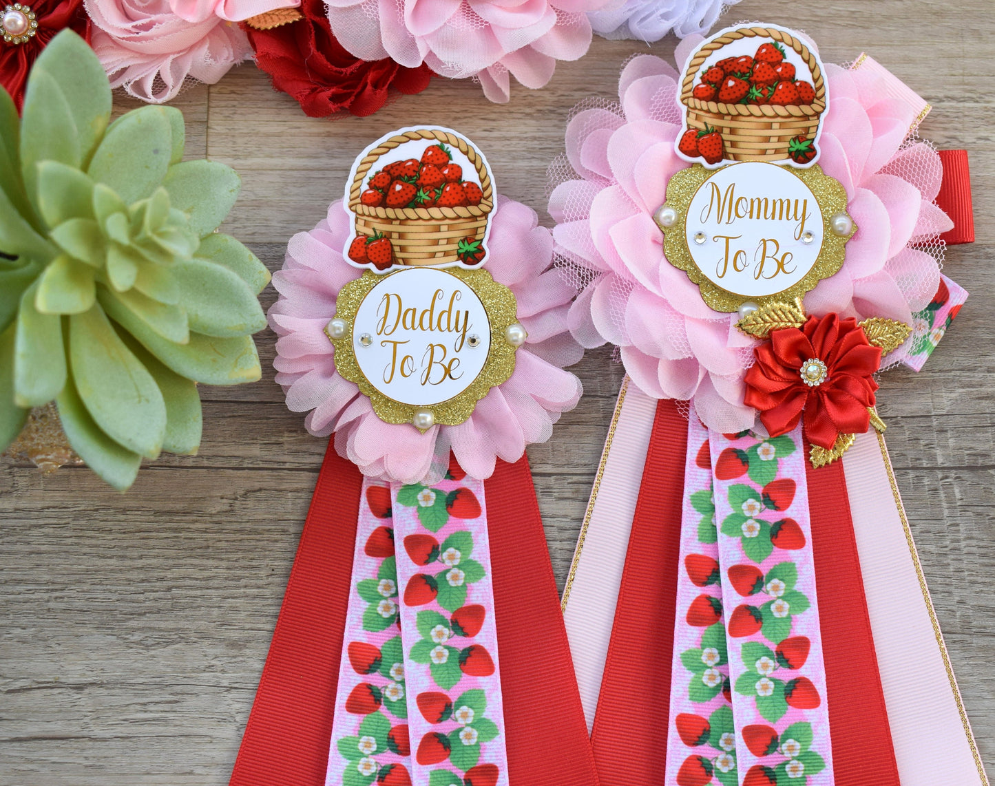 Strawberry Baby Shower, Girl Red Stawberry Maternity Sash, Mommy To Be Ribbon Pin, Daddy To Be Pin, Fruit Baby Shower, Custom - Celebrations By Cris