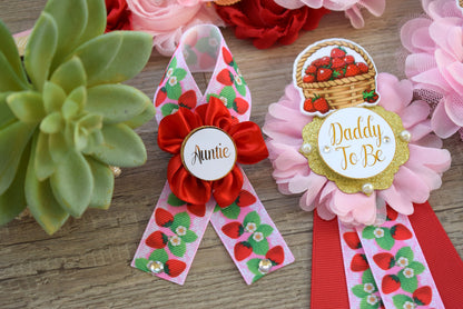 Strawberry Baby Shower, Girl Red Stawberry Maternity Sash, Mommy To Be Ribbon Pin, Daddy To Be Pin, Fruit Baby Shower, Custom - Celebrations By Cris