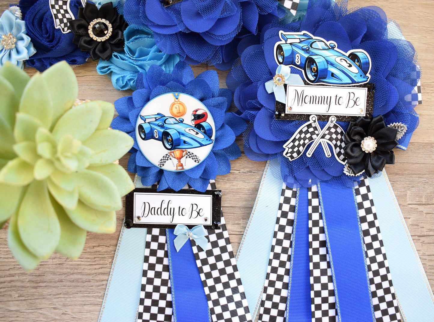 Boy Race Car Baby Shower, Blue Racing Car Maternity Sash, Mommy to Be Ribbon Pin, Daddy To Be Pin, Baby Shower Gift, Custom Sash - Celebrations By Cris