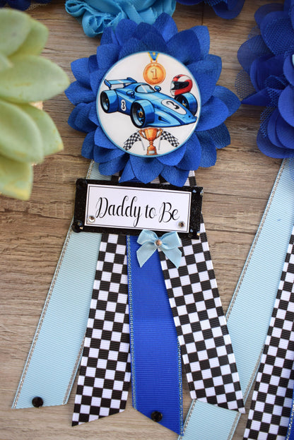 Boy Race Car Baby Shower, Blue Racing Car Maternity Sash, Mommy to Be Ribbon Pin, Daddy To Be Pin, Baby Shower Gift, Custom Sash - Celebrations By Cris