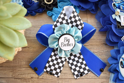 Boy Race Car Baby Shower, Blue Racing Car Maternity Sash, Mommy to Be Ribbon Pin, Daddy To Be Pin, Baby Shower Gift, Custom Sash - Celebrations By Cris