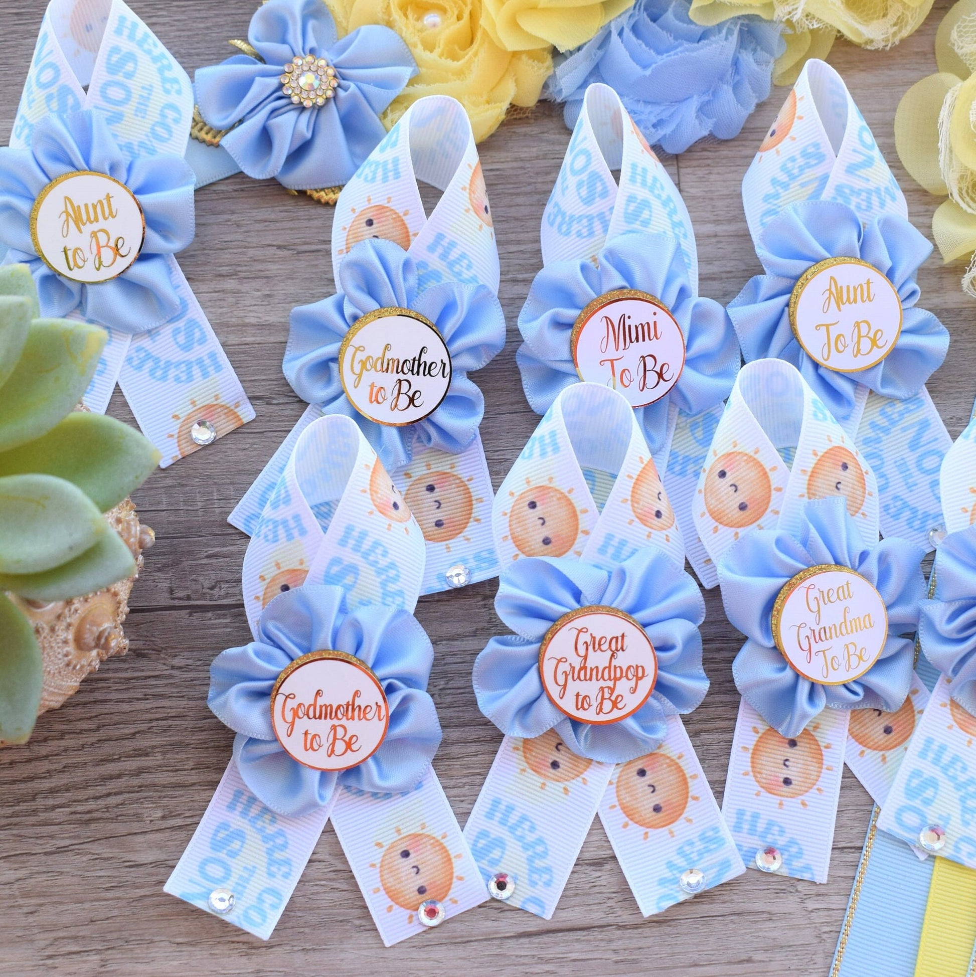 Here Come The Son Baby Shower, Neutral Yellow Ivory Maternity Sash, Mommy To Be Ribbon Badge Pin, Daddy To Be Pin, Here Come The Sun - Celebrations By Cris