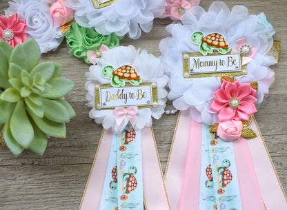 Girl Turtle Baby Shower, Turtle Aqua Blue Flower Sash, Under The Sea Corsage Pin, Turtle Mommy To Be, Turtle Daddy To Be, Turtle Shower