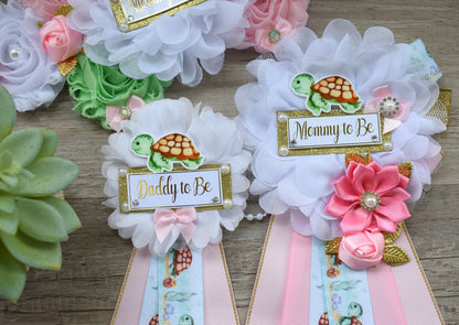 Girl Turtle Baby Shower, Turtle Aqua Blue Flower Sash, Under The Sea Corsage Pin, Turtle Mommy To Be, Turtle Daddy To Be, Turtle Shower