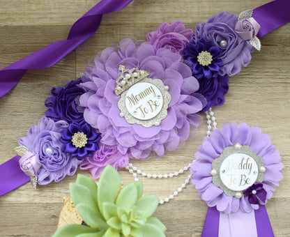 Purple Lavender Maternity Sash, Purple Lilac Silver Mommy To Be Maternity Sash, Daddy To Be Pin, Purple Big Sister Pin, Custom