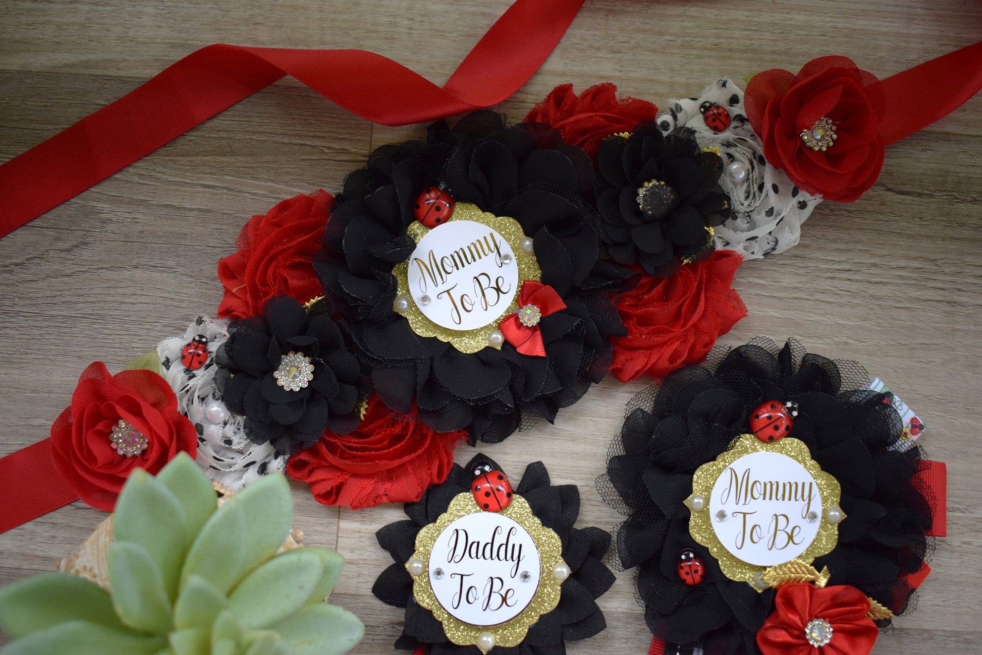 Ladybug Baby Shower, Lady Bug Maternity Sash, Bug Mommy To Be Pin, Red Black Daddy To Be Pin, Baby Shower Gift, Custom - Celebrations By Cris