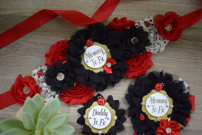 Ladybug Baby Shower, Lady Bug Maternity Sash, Bug Mommy To Be Pin, Red Black Daddy To Be Pin, Baby Shower Gift, Custom - Celebrations By Cris