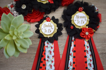 Ladybug Baby Shower, Lady Bug Maternity Sash, Bug Mommy To Be Pin, Red Black Daddy To Be Pin, Baby Shower Gift, Custom - Celebrations By Cris