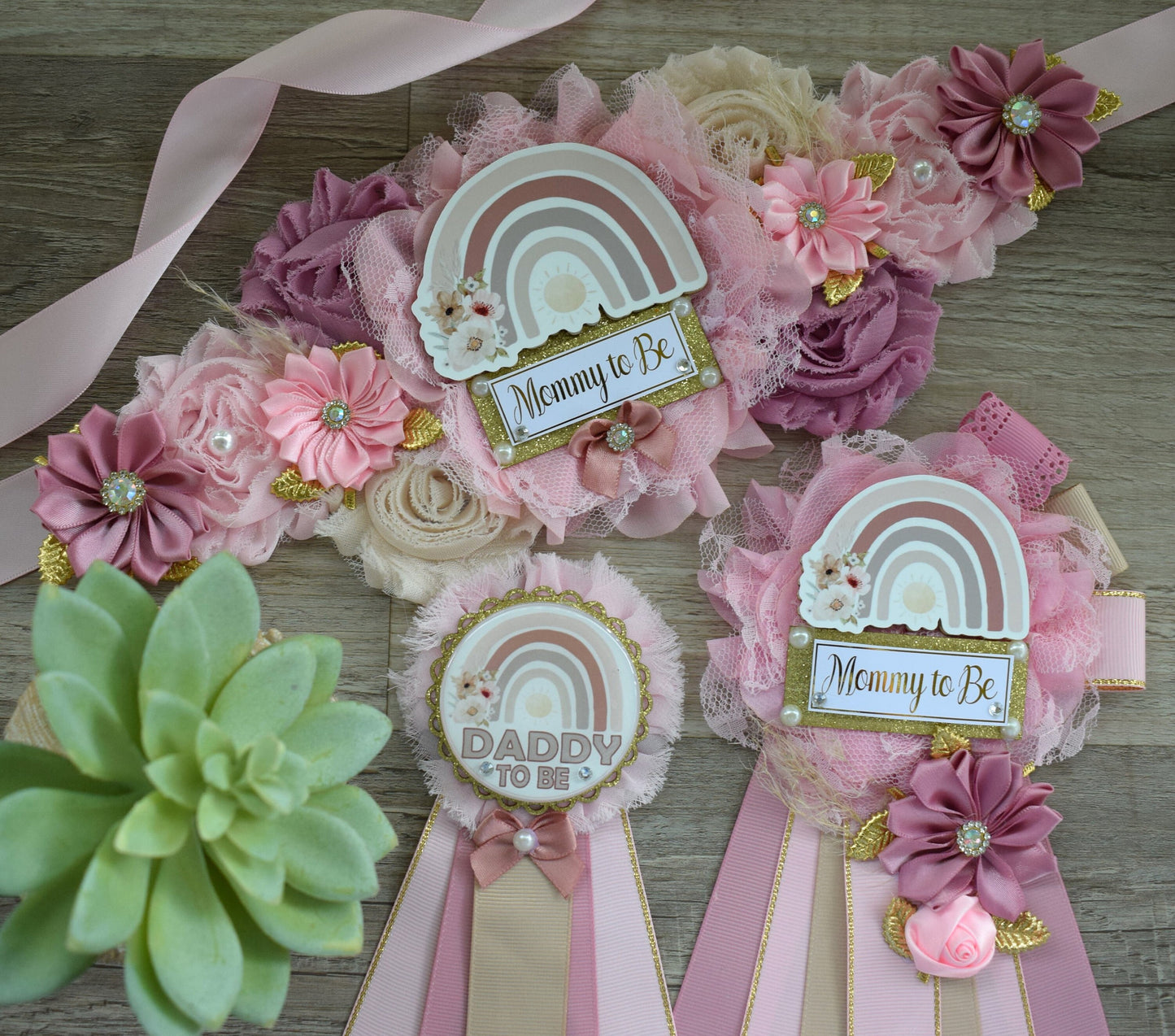 Girl Boho Rainbow Baby Shower, Pink Boho Rainbow Maternity Sash, Girl Boho Rainbow Mommy to Be Pin, Rainbow Daddy to Be Pin, Custom Pin