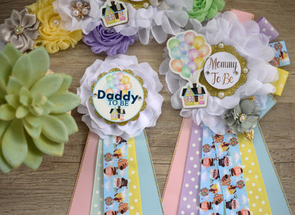 Hot Air Balloon Baby Shower, Blue Yellow Purple Maternity Sash, Up Baby Shower, Mommy to Be Ribbon, Daddy to Be Pin, Multicolor Air Balloon - Celebrations By Cris