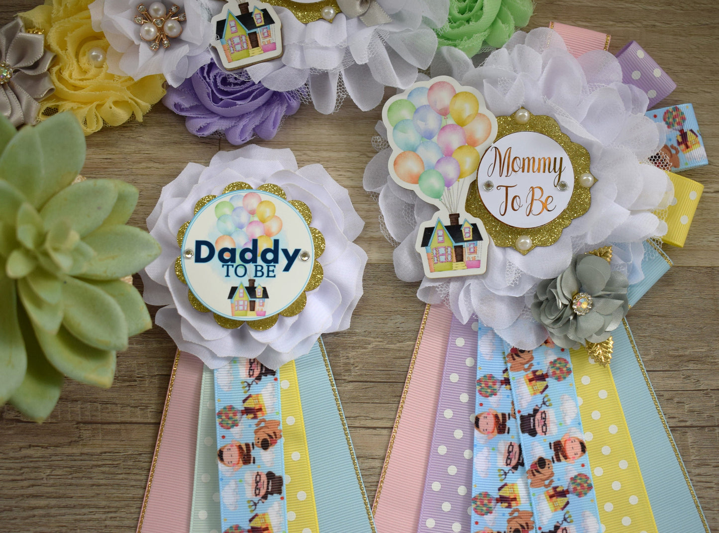 Hot Air Balloon Baby Shower, Blue Yellow Purple Maternity Sash, Up Baby Shower, Mommy to Be Ribbon, Daddy to Be Pin, Multicolor Air Balloon - Celebrations By Cris