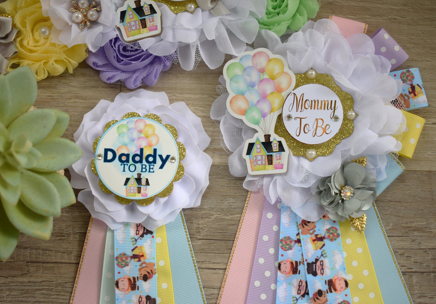 Hot Air Balloon Baby Shower, Blue Yellow Purple Maternity Sash, Up Baby Shower, Mommy to Be Ribbon, Daddy to Be Pin, Multicolor Air Balloon - Celebrations By Cris