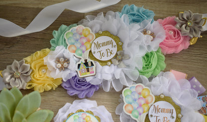 Hot Air Balloon Baby Shower, Blue Yellow Purple Maternity Sash, Up Baby Shower, Mommy to Be Ribbon, Daddy to Be Pin, Multicolor Air Balloon - Celebrations By Cris