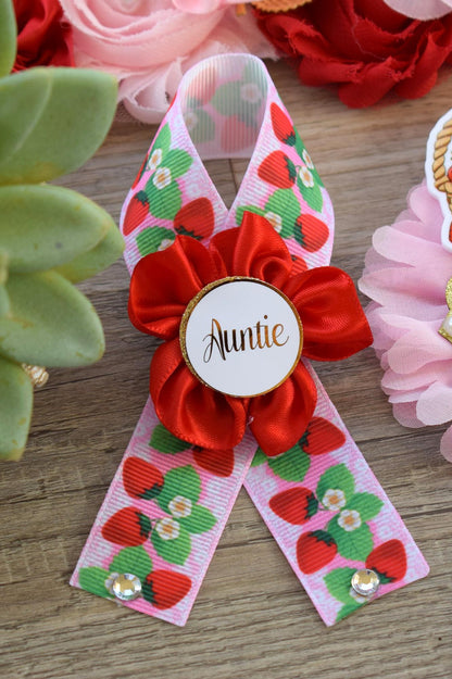 Strawberry Baby Shower, Girl Red Pink Strawberry Maternity Sash, Mommy To Be Ribbon Pin, Daddy To Be Pin, Fruit Baby Shower, Custom - Celebrations By Cris