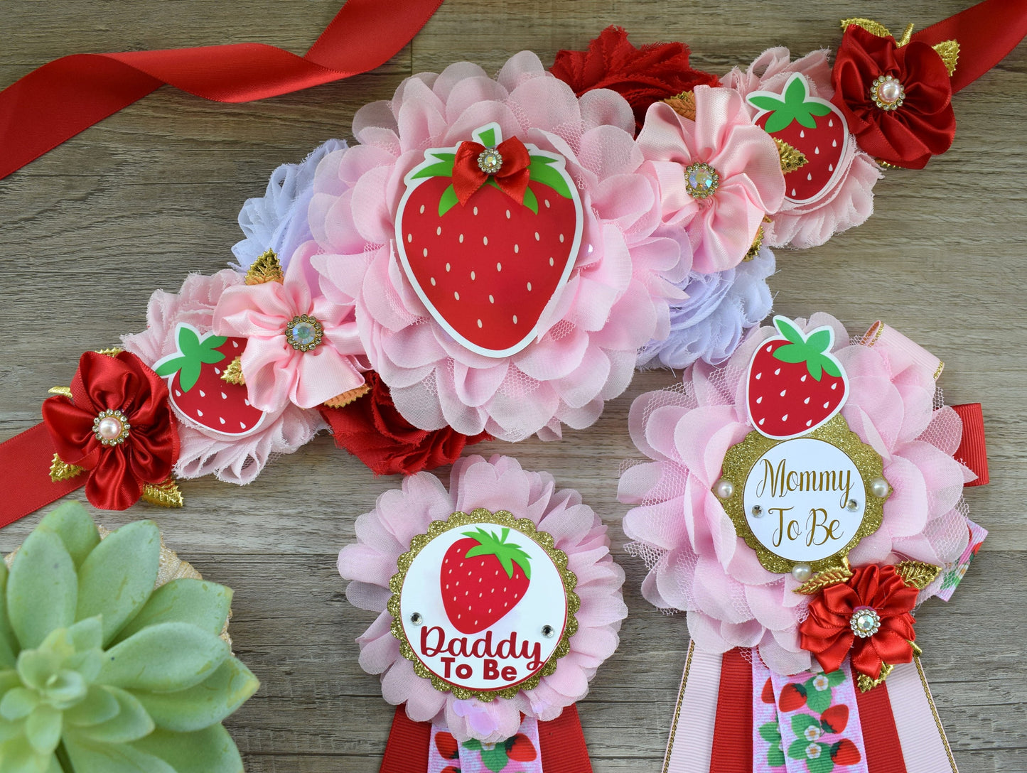 Strawberry Baby Shower, Girl Red Pink Strawberry Maternity Sash, Mommy To Be Ribbon Pin, Daddy To Be Pin, Fruit Baby Shower, Custom - Celebrations By Cris