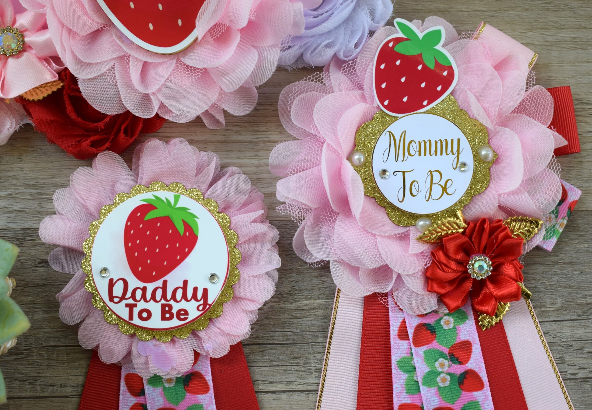 Strawberry Baby Shower, Girl Red Pink Strawberry Maternity Sash, Mommy To Be Ribbon Pin, Daddy To Be Pin, Fruit Baby Shower, Custom - Celebrations By Cris