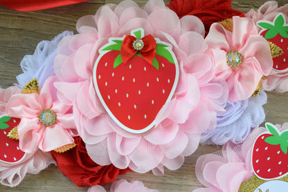 Strawberry Baby Shower, Girl Red Pink Strawberry Maternity Sash, Mommy To Be Ribbon Pin, Daddy To Be Pin, Fruit Baby Shower, Custom - Celebrations By Cris