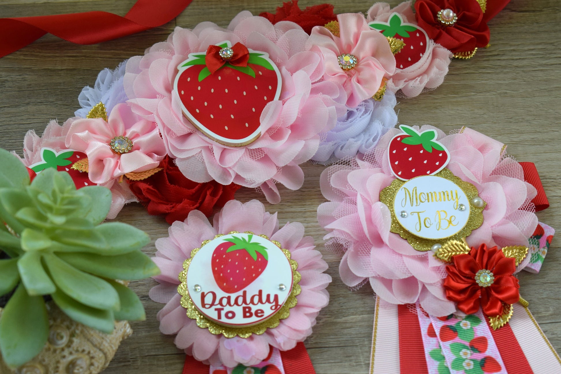 Strawberry Baby Shower, Girl Red Pink Strawberry Maternity Sash, Mommy To Be Ribbon Pin, Daddy To Be Pin, Fruit Baby Shower, Custom - Celebrations By Cris