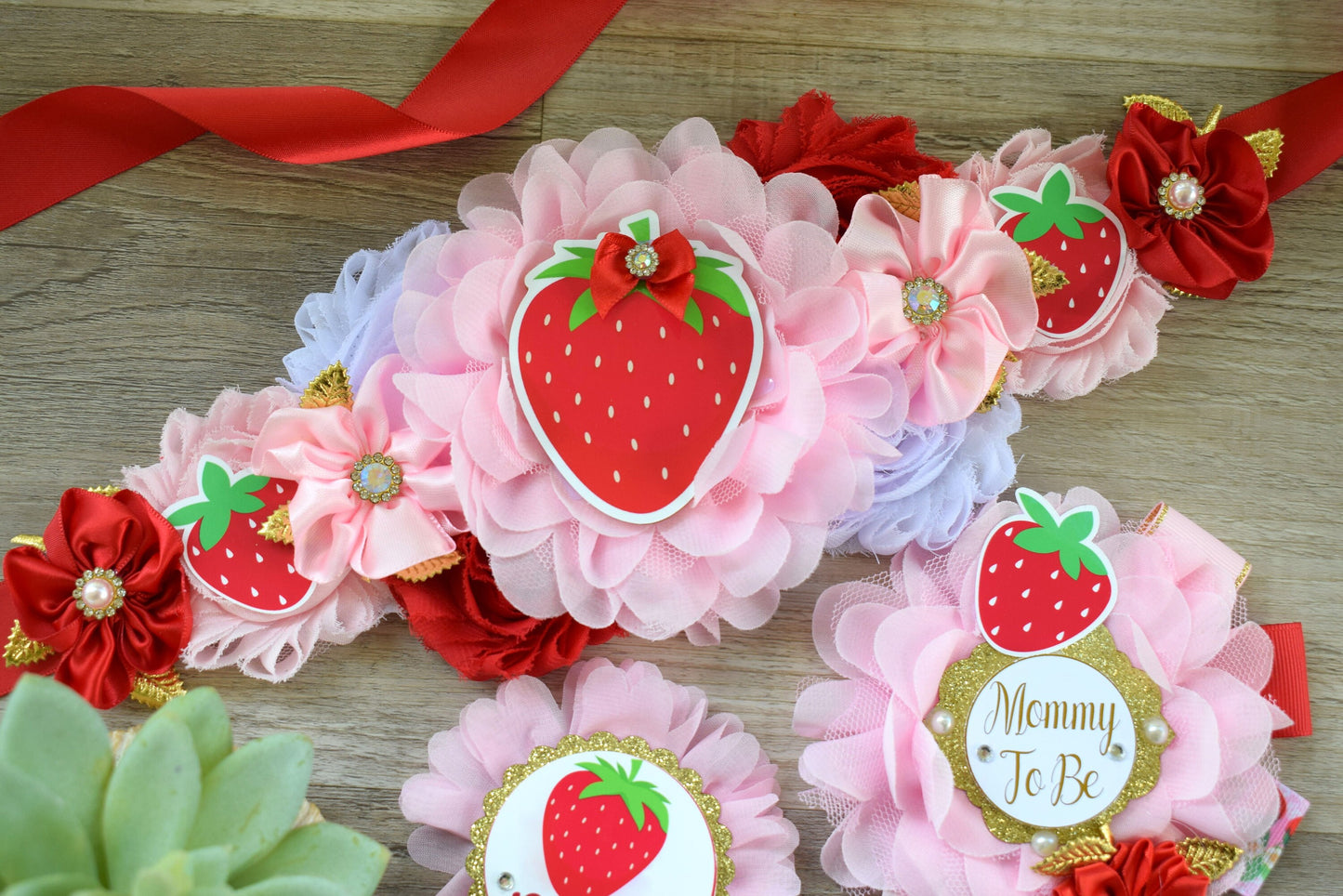 Strawberry Baby Shower, Girl Red Pink Strawberry Maternity Sash, Mommy To Be Ribbon Pin, Daddy To Be Pin, Fruit Baby Shower, Custom - Celebrations By Cris