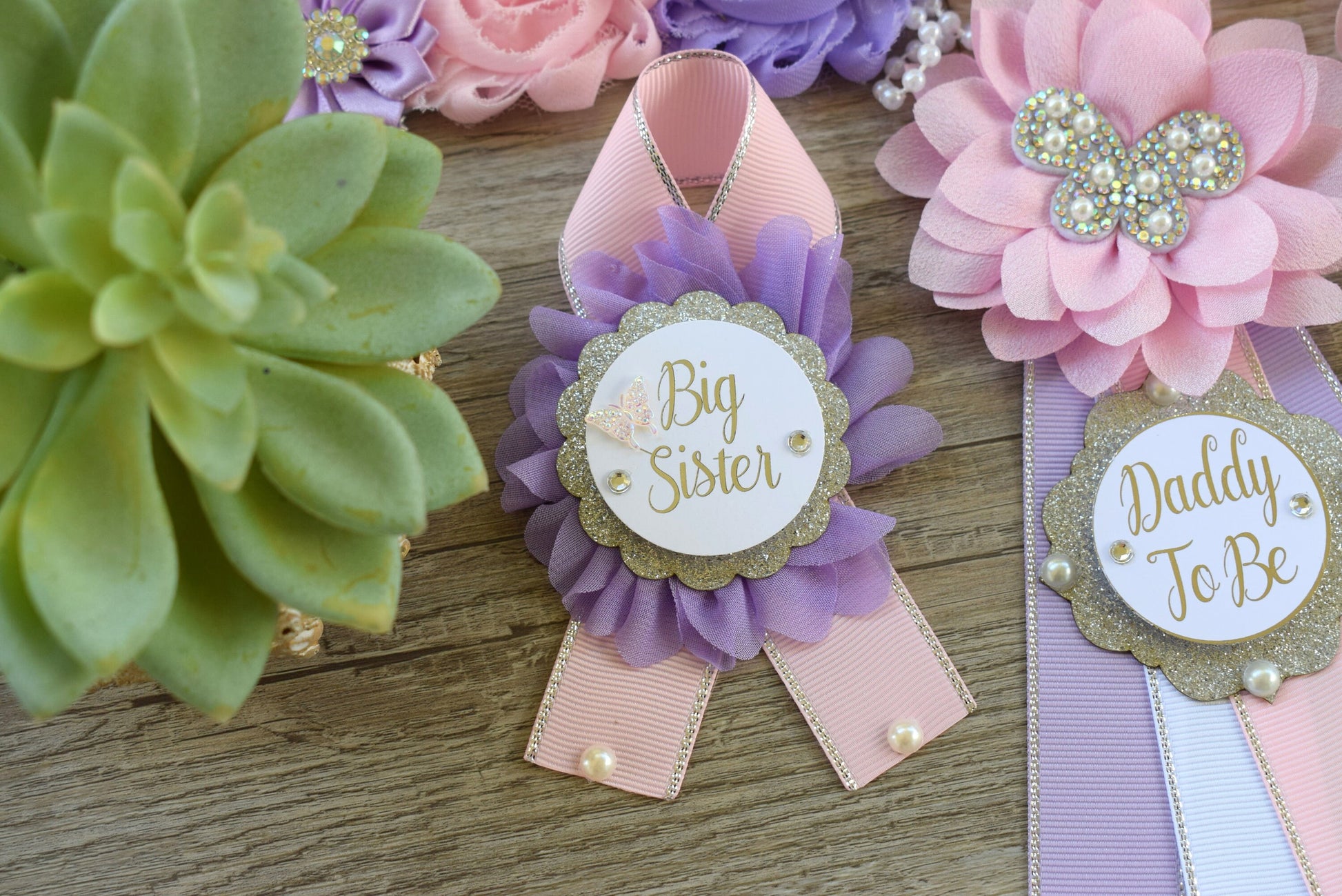 Lavender Pink Butterfly Baby Shower, Lavender Pink Silver Butterfly Maternity Sash, Silver Butterfly Mommy To Be Ribbon, Daddy To Be Pin - Celebrations By Cris