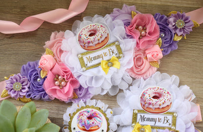 Donuts Baby Shower, Pink Lavender Maternity Sash, Yellow Pink Lavender Mommy To Be Ribbon, Daddy To Be Pin, Donut Baby Shower Theme - Celebrations By Cris