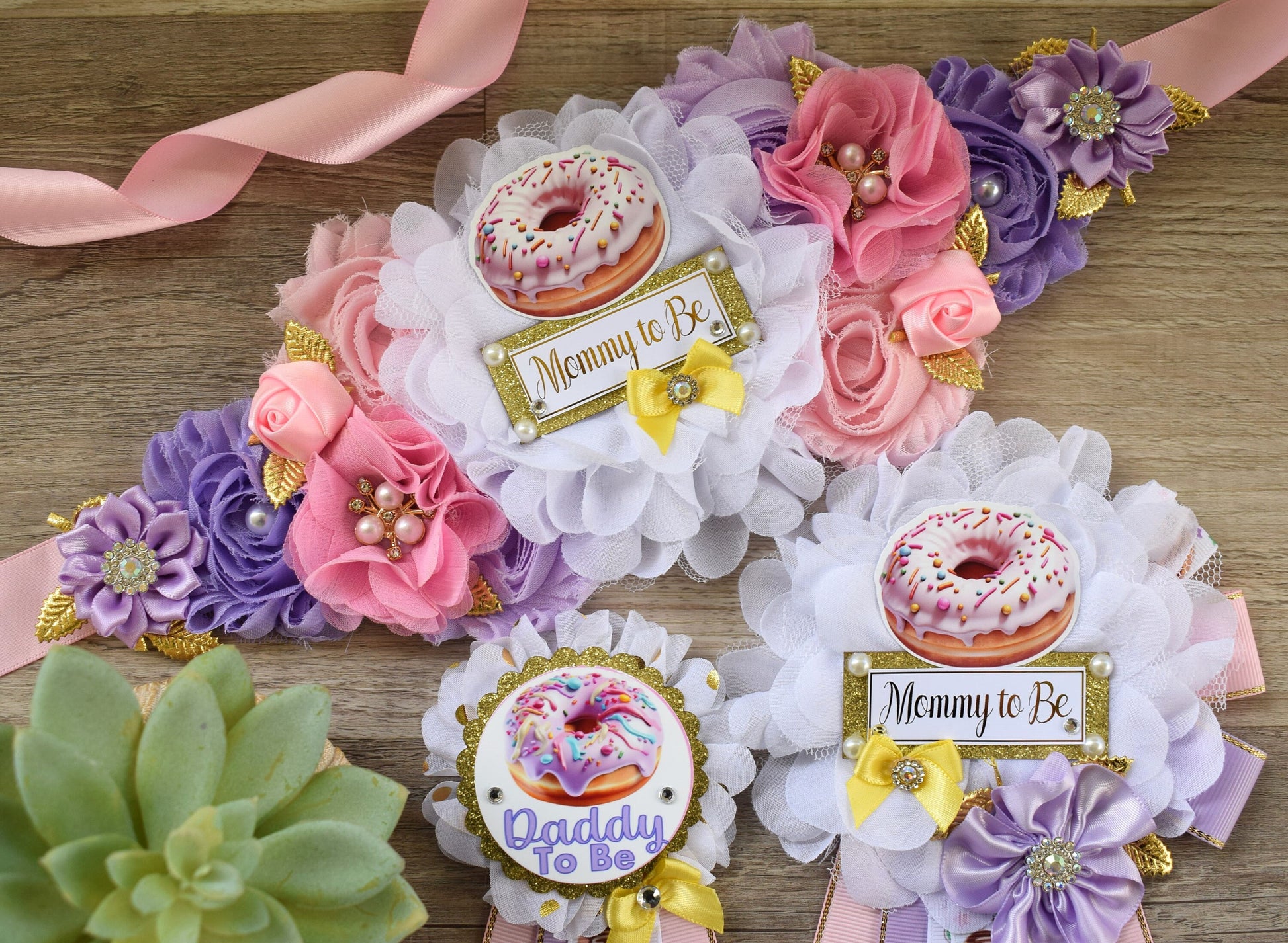 Donuts Baby Shower, Pink Lavender Maternity Sash, Yellow Pink Lavender Mommy To Be Ribbon, Daddy To Be Pin, Donut Baby Shower Theme - Celebrations By Cris