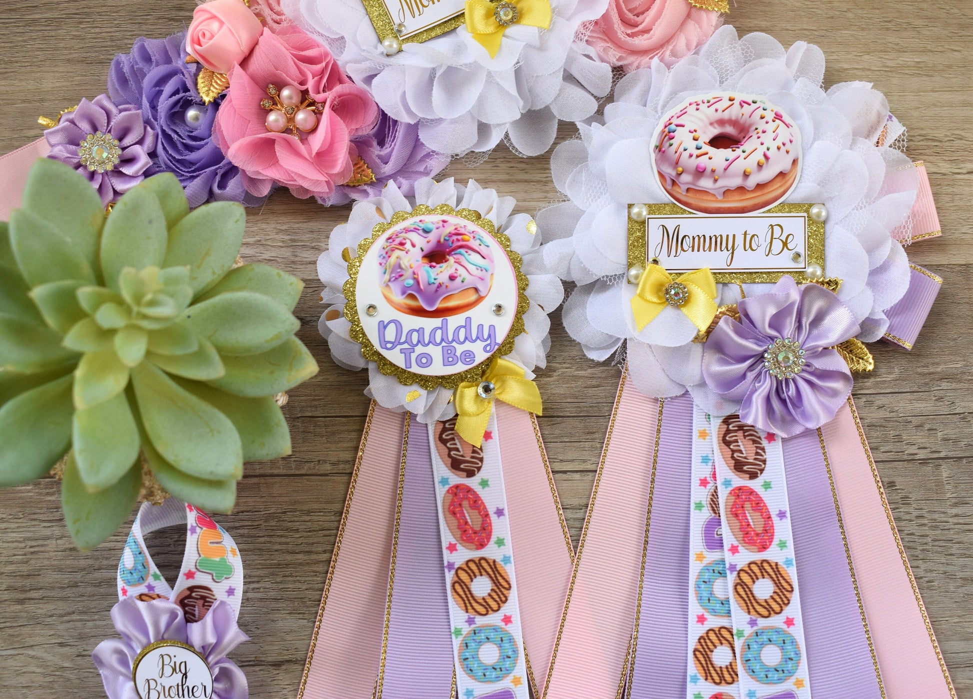 Donuts Baby Shower, Pink Lavender Maternity Sash, Yellow Pink Lavender Mommy To Be Ribbon, Daddy To Be Pin, Donut Baby Shower Theme - Celebrations By Cris