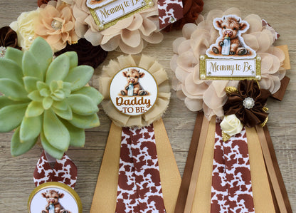 Highland Cow Baby Shower, Neutral Tan Brown Maternity Sash, Gender Reveal Highland Mommy To Be, Daddy To Be Pin, Highland Cow Corsage Pin - Celebrations By Cris