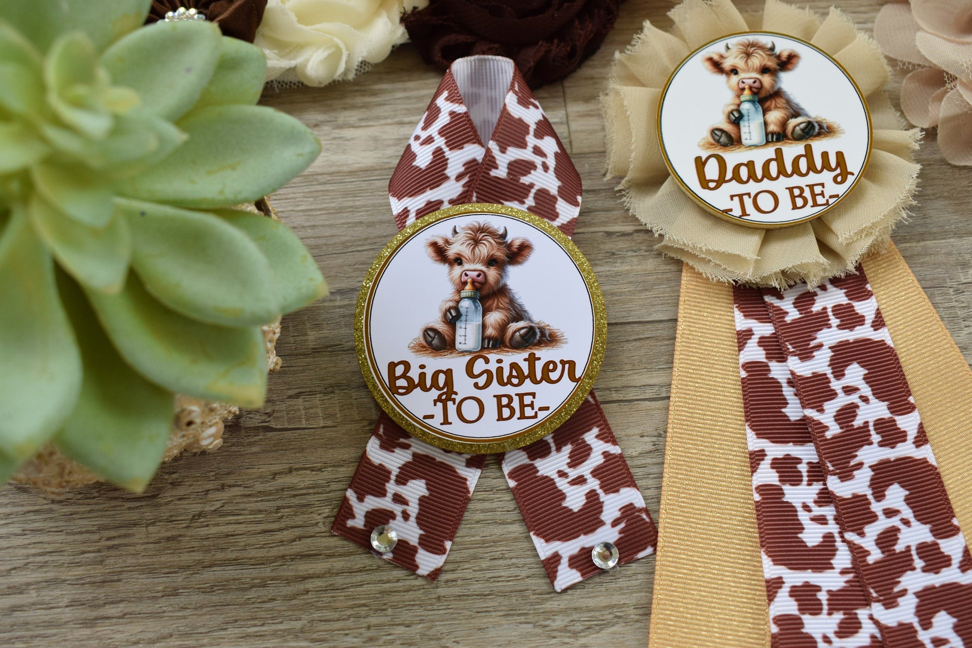 Highland Cow Baby Shower, Neutral Tan Brown Maternity Sash, Gender Reveal Highland Mommy To Be, Daddy To Be Pin, Highland Cow Corsage Pin - Celebrations By Cris