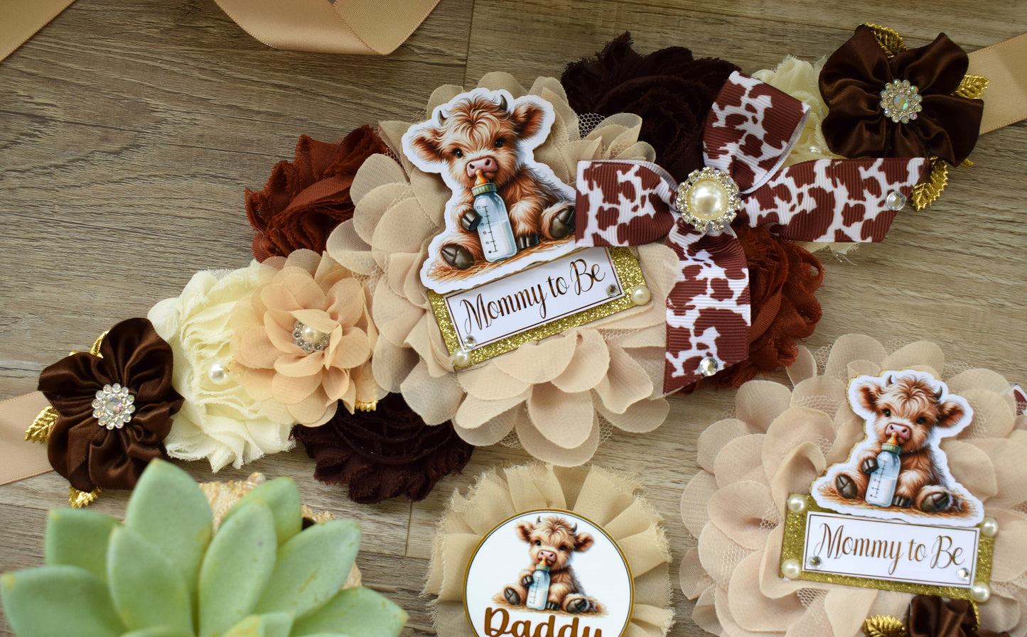 Highland Cow Baby Shower, Neutral Tan Brown Maternity Sash, Gender Reveal Highland Mommy To Be, Daddy To Be Pin, Highland Cow Corsage Pin - Celebrations By Cris