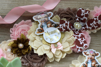 Girl Highland Cow Baby Shower, Pink Tan Brown Maternity Sash, Girl Highland Mommy To Be Pin, Daddy To Be Pin, Girl Highland Cow Corsage Pin - Celebrations By Cris