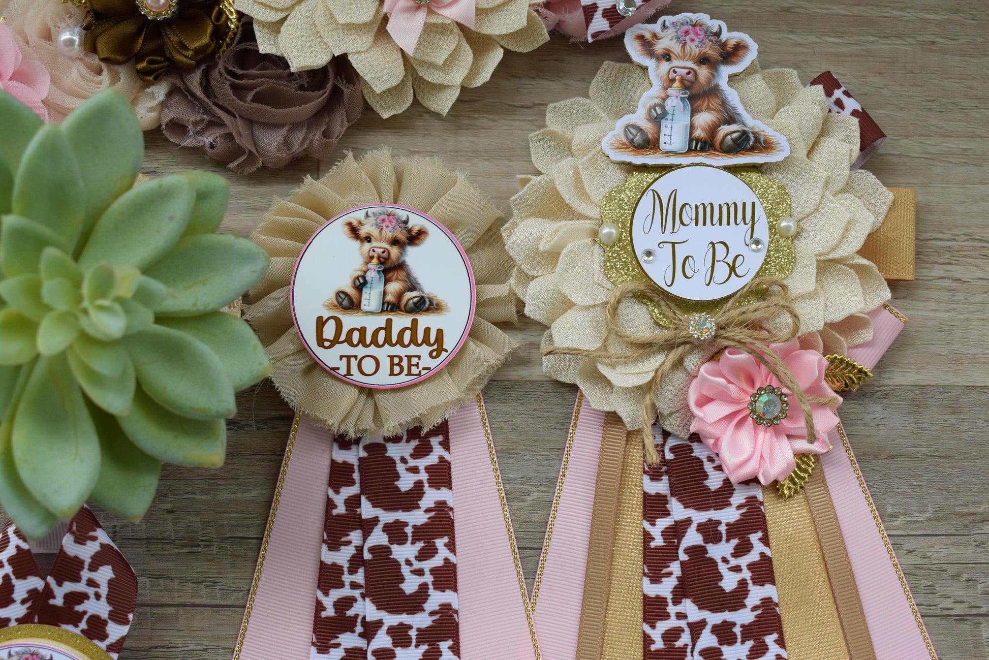 Girl Highland Cow Baby Shower, Pink Tan Brown Maternity Sash, Girl Highland Mommy To Be Pin, Daddy To Be Pin, Girl Highland Cow Corsage Pin - Celebrations By Cris