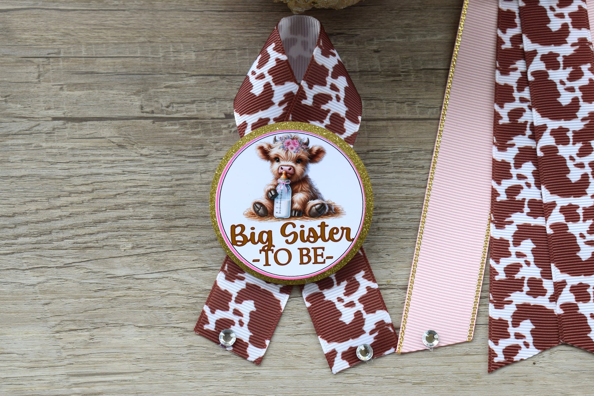 Girl Highland Cow Baby Shower, Pink Tan Brown Maternity Sash, Girl Highland Mommy To Be Pin, Daddy To Be Pin, Girl Highland Cow Corsage Pin - Celebrations By Cris