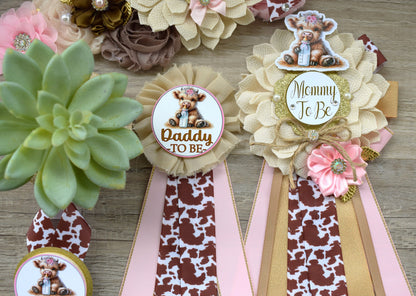 Girl Highland Cow Baby Shower, Pink Tan Brown Maternity Sash, Girl Highland Mommy To Be Pin, Daddy To Be Pin, Girl Highland Cow Corsage Pin - Celebrations By Cris