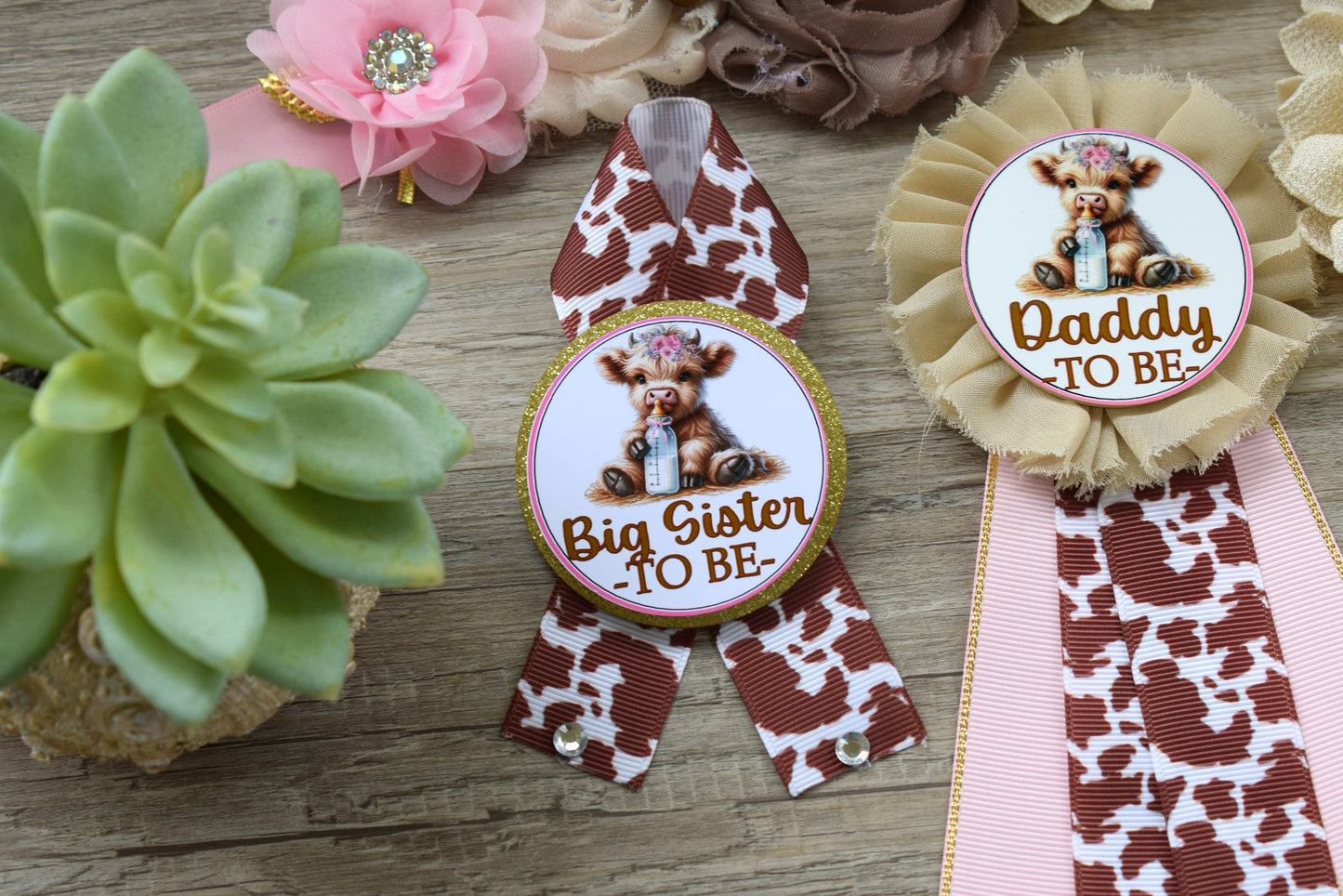 Girl Highland Cow Baby Shower, Pink Tan Brown Maternity Sash, Girl Highland Mommy To Be Pin, Daddy To Be Pin, Girl Highland Cow Corsage Pin - Celebrations By Cris