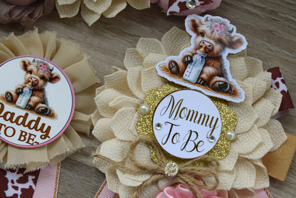 Girl Highland Cow Baby Shower, Pink Tan Brown Maternity Sash, Girl Highland Mommy To Be Pin, Daddy To Be Pin, Girl Highland Cow Corsage Pin - Celebrations By Cris